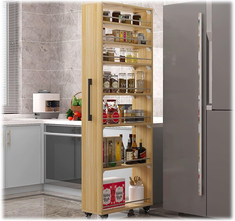 7 Tier Slim Kitchen Cart for Small Spaces, Wooden Rolling Spice Rack Next to ...