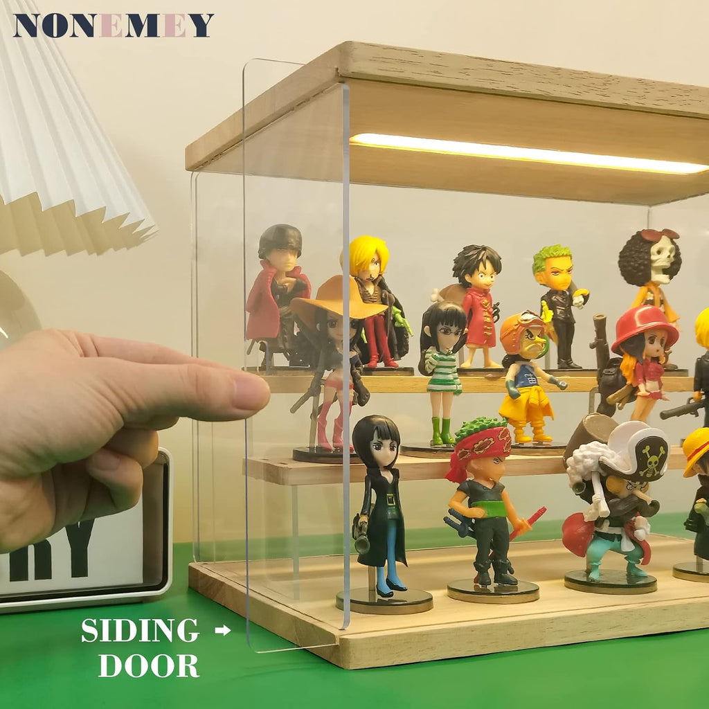 NONEMEY Clear Acrylic Display Case Stand with Led Light 2/3/4/5/6 Tier Storage Box Showcase Dustproof Organizer Box for Collectibles (3Tier 12.4*7*9inch)
