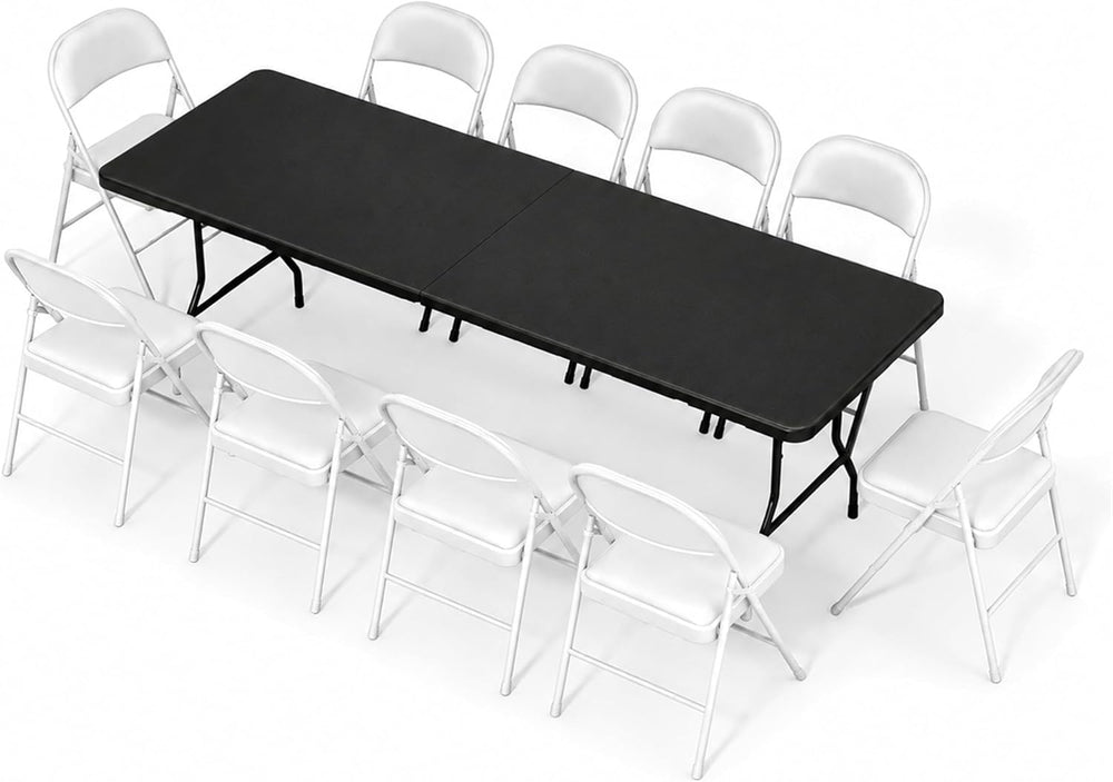 8FT Black Plastic Folding Table Set with 10 White PU Padded Chairs
