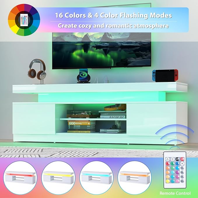 Verano Garden 63" LED TV Stand for 75 Inch TV, High Gloss Entertainment Center with Power Outlet & Light, Modern TV Media Console with 2 Storage Cabinets & Open Shelf for Living Room, Bedroom, White