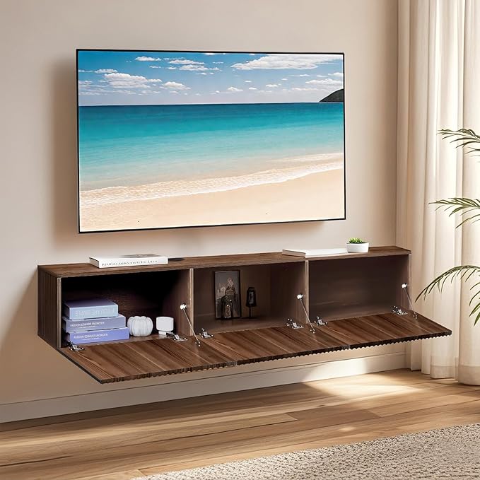 Floating TV Stand, Modern Wall Mount Entertainment Center TV Shelf, 70.7" Media Console Under TV Storage Cabinet with Fluted Doors, TV Consoles for Living Room, Floating Cabinet for Wall (Walnut)