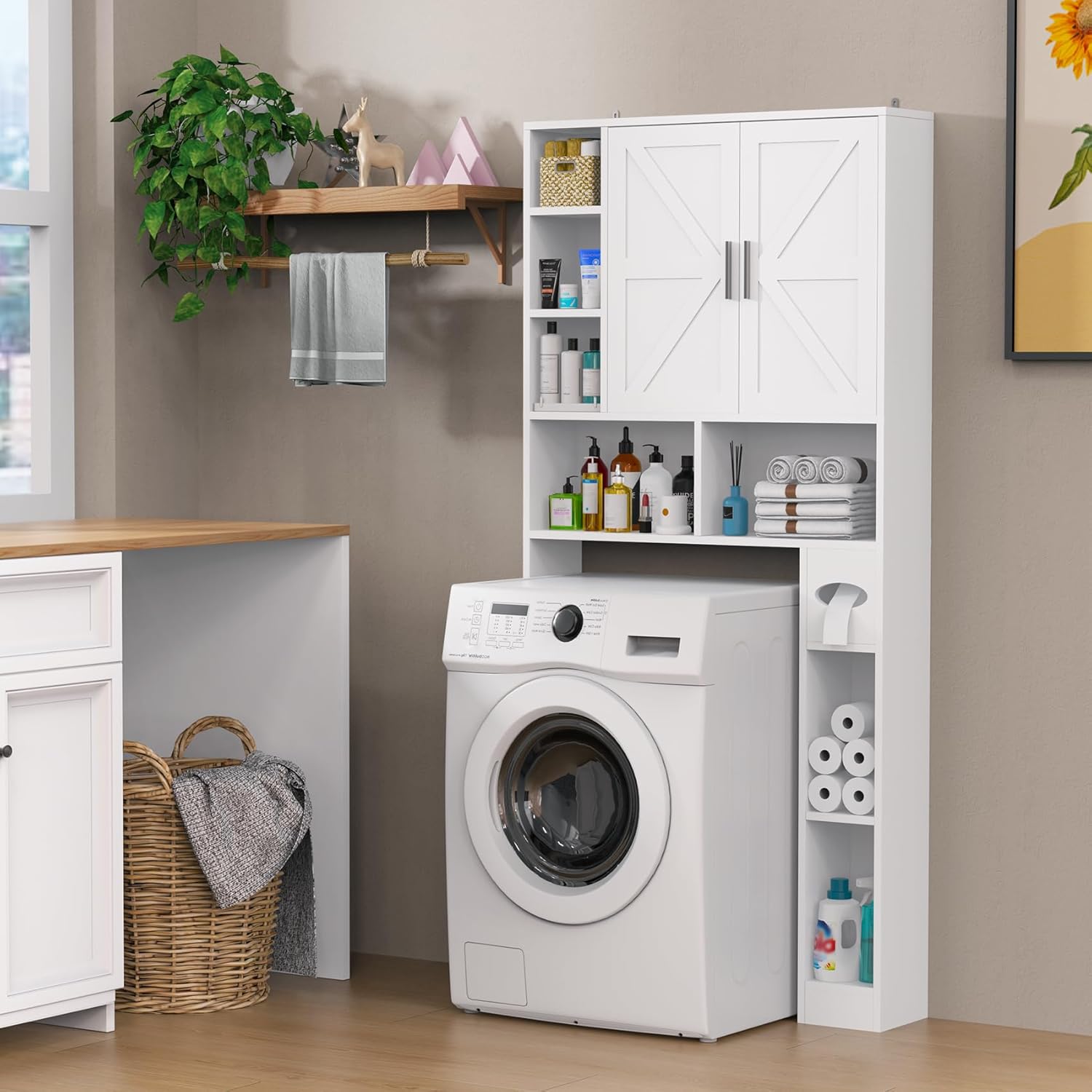 Winkalon Over The Toilet Storage Cabinet with 2 Barn Doors and Adjustable Shelves, Freestanding Toilet Shelf Organizer with Toilet Paper Holder, Space Saver for Bathroom, Restroom, Laundry