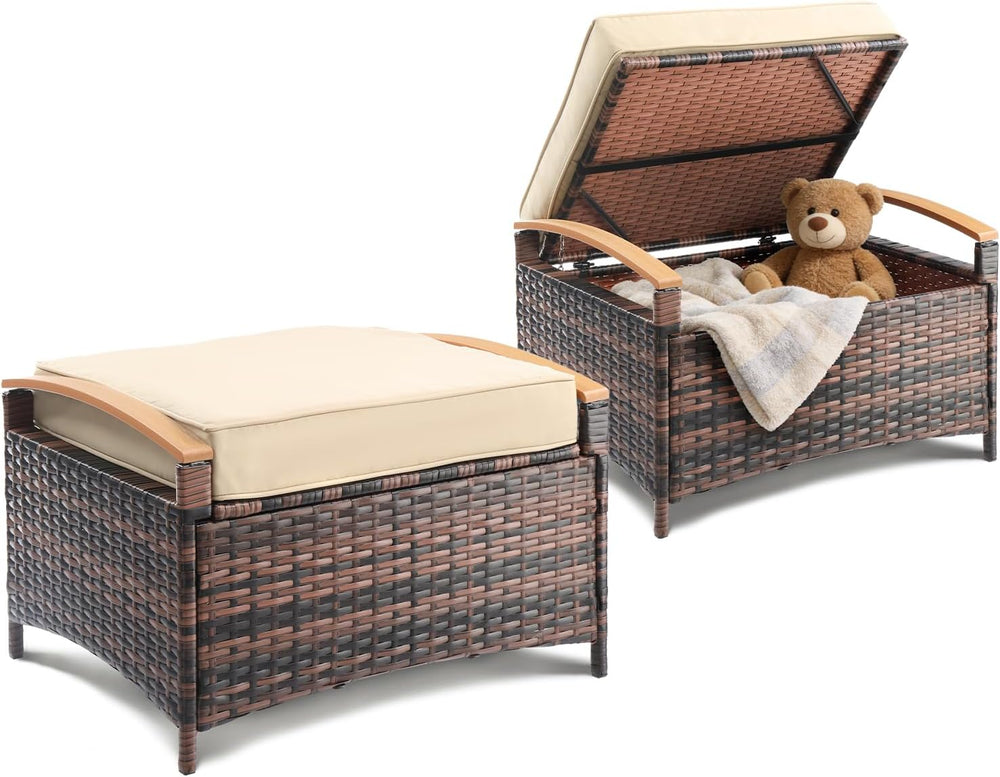 VINGLI 2 Pieces Rattan Ottoman with Storage, Wicker Patio Furniture w/Removab...