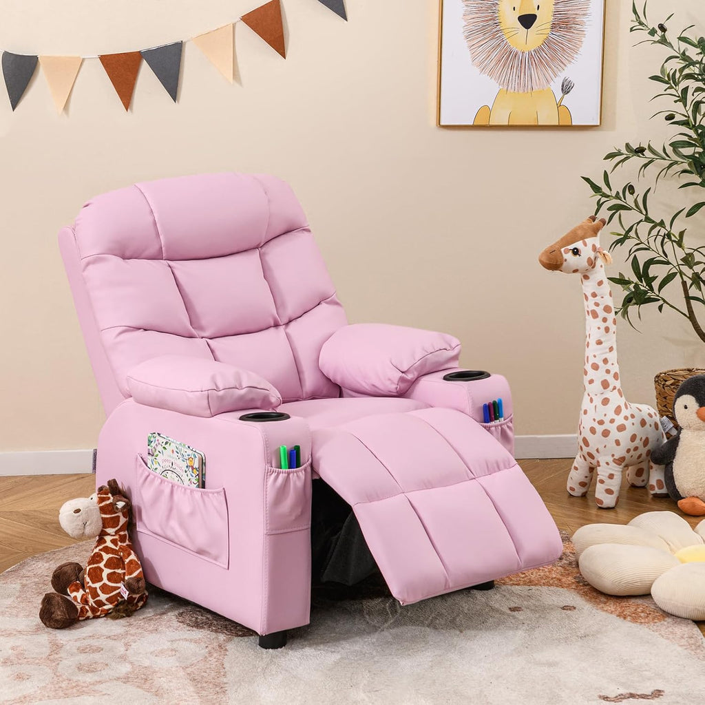 Costzon Kids Recliner Chair with Cup Holder, Adjustable Lounge Chair w/Footrest & Side Pockets for Children Boys Girls Room, Ergonomic Toddler Furniture Sofa, Kids Pink Recliner (Pink)