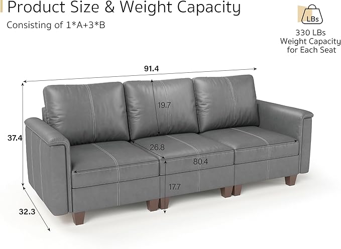 SITJOY 91" Faux Leather Modular Sectional Sofa with Storage, Mid Century Modern Sectional Couches for Living Room, Soft Padded Armrests, 3 Seater Couch, Gray