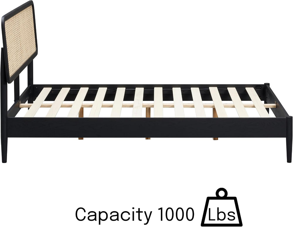 NTC Lupin Wooden Bed Frame with Headboard and Natural Rattan, Solid Oak Found...