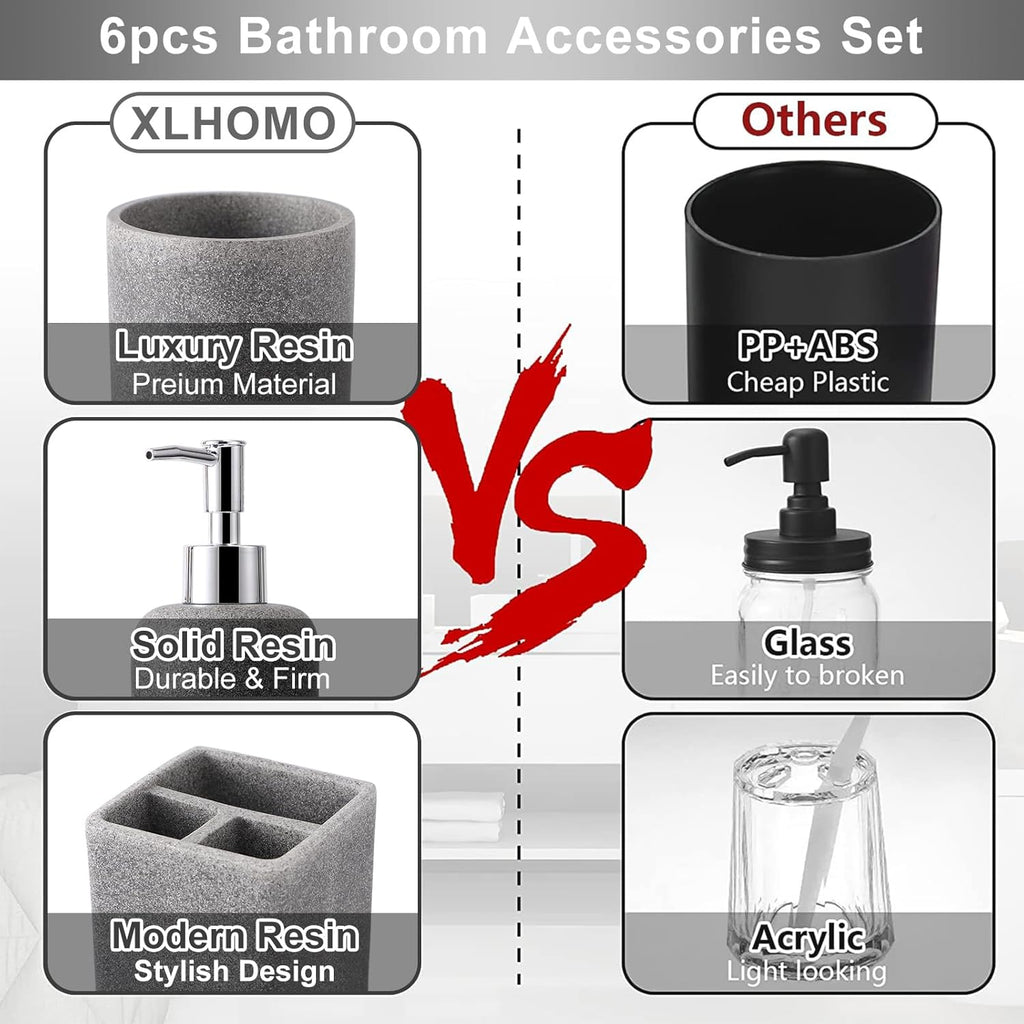 Resin 6 Pcs Gray Bathroom Set Complete with Toothbrush Holder, Lotion Soap Dispenser, 2 Qtip Holder Dispensers,Vanity Tray,Bathroom Tumbler - Countertop Vanity Organizer - Bathroom Accessories Set