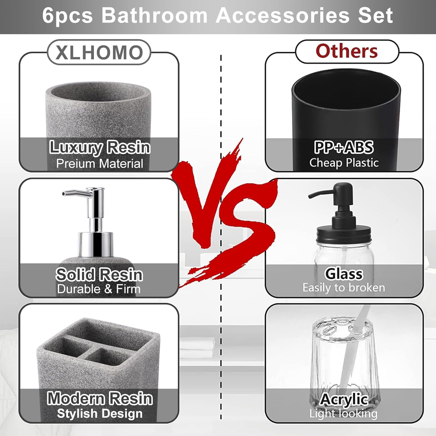 Resin 6 Pcs Gray Bathroom Set Complete with Toothbrush Holder, Lotion Soap Dispenser, 2 Qtip Holder Dispensers,Vanity Tray,Bathroom Tumbler - Countertop Vanity Organizer - Bathroom Accessories Set