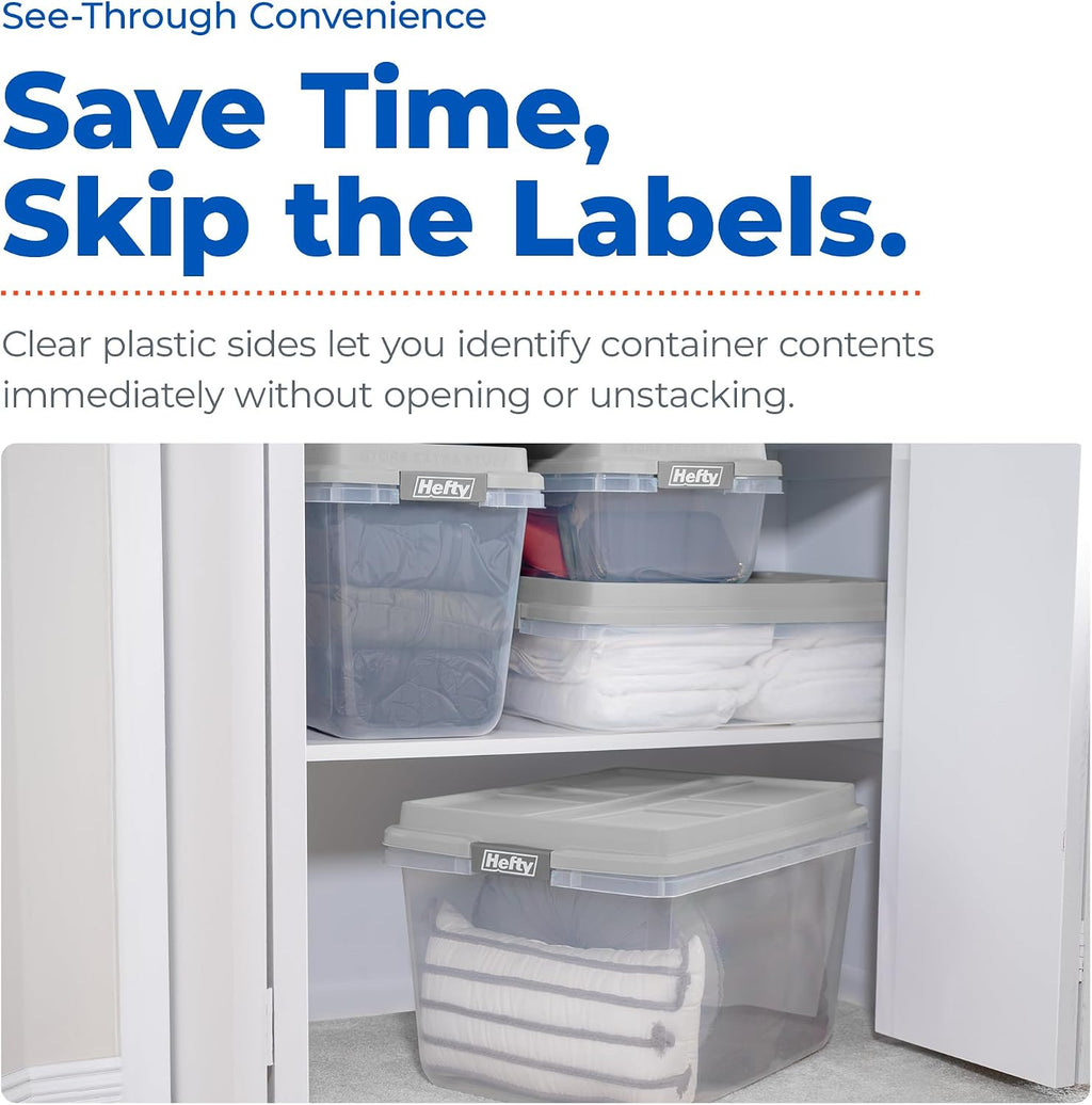 Hefty 18 Qt Hi-Rise Storage Bin with Lid, Stackable Plastic Storage Container, Organizer for Home, Garage & Closet, 8 Pack, Gray