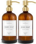 Vine Creations Amber Glass Soap Dispenser, 2 Pack Kitchen Soap Dispenser Set with Stainless Steel Pump, 16 oz Hand Soap and Dish Soap Dispensers for Kitchen or Bathroom with Waterproof Labels