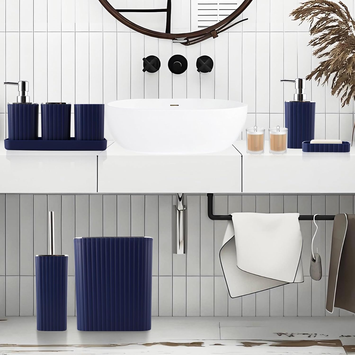 Navy Blue Bathroom Accessories Set - Gorgeous Bathroom Set, 10PC Bathroom Accessory Set, Toilet Brush, Trash Can, Qtip Holder Dispenser & Soap Dispenser