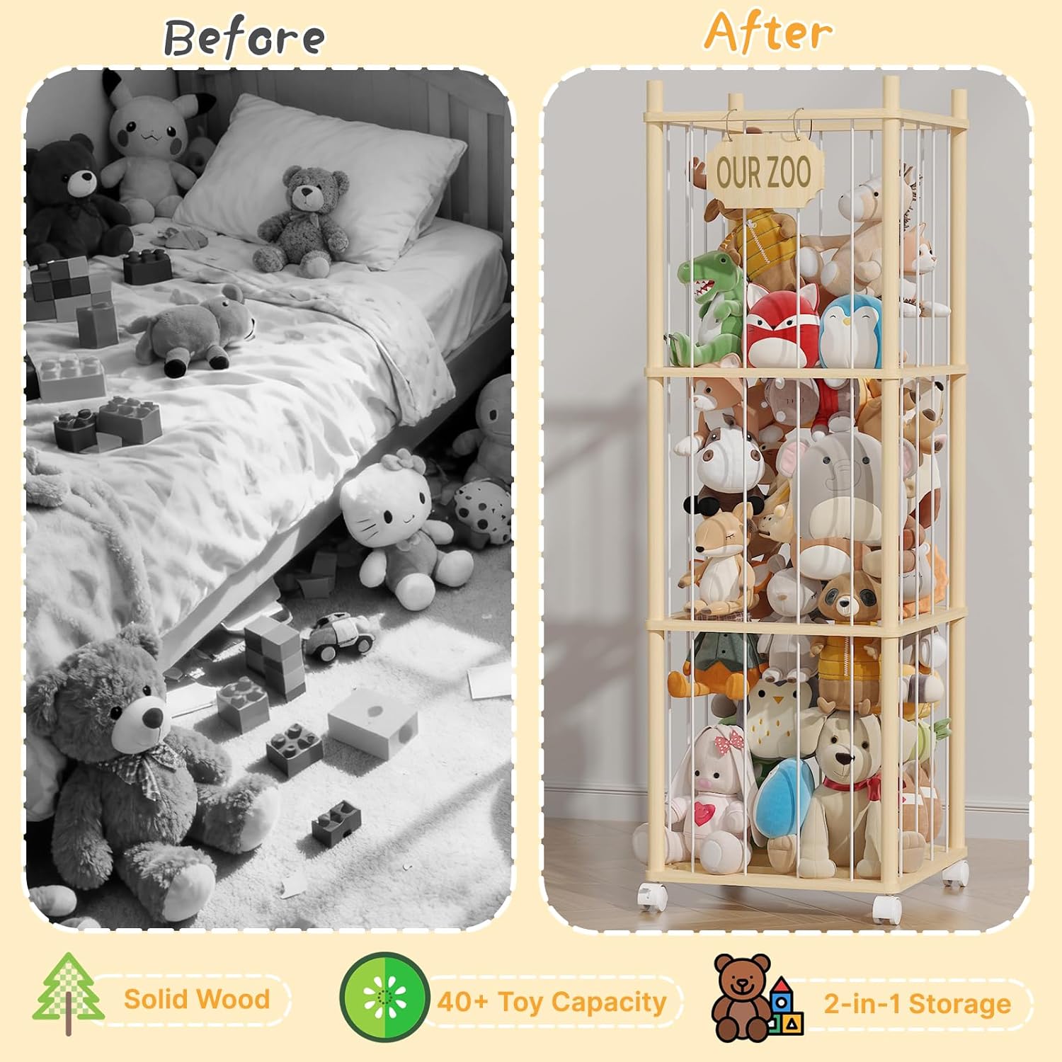 Stuffed Animal Storage with Net Wooden Toy Storage Organizer Stuffed Animal Zoo Storage with Lockable Wheels for Toddler Rooms, Playrooms & Bedrooms (2-Layers)