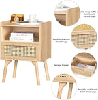Lerliuo Rattan Nightstands Set of 2, Boho Side Table with Drawer Open Shelf, Cane Accent Bedside End Table with Solid Wood Legs for Bedroom, Dorm and Small Spaces (Natural)