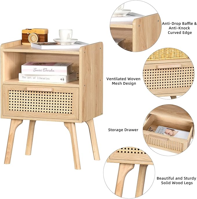 Lerliuo Rattan Nightstand, Boho Side Table with Drawer Open Shelf, Cane Accen...