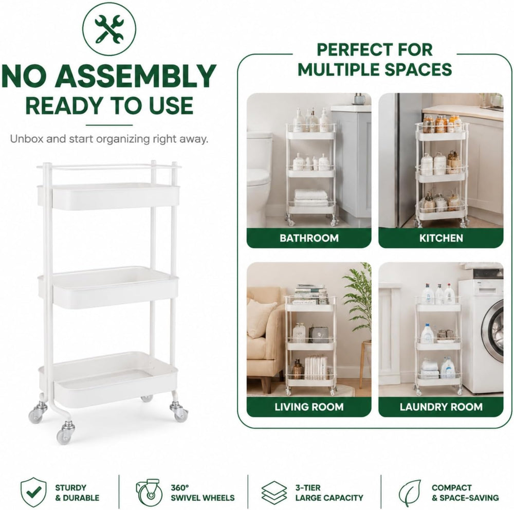 Narrow 3 Tier Rolling Cart, Slim Storage Cart for Bathroom Kitchen | 3 spacio...