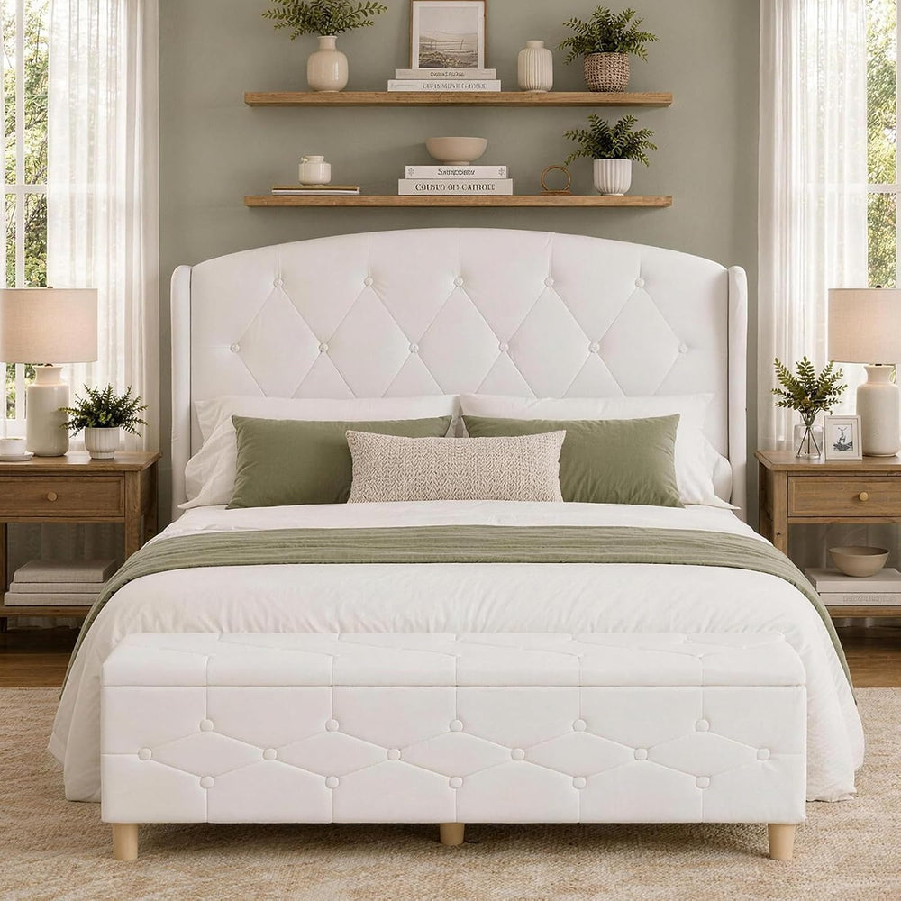 Upholstered Queen Bed Frame, 49.8" Tall Wingback Headboard, White