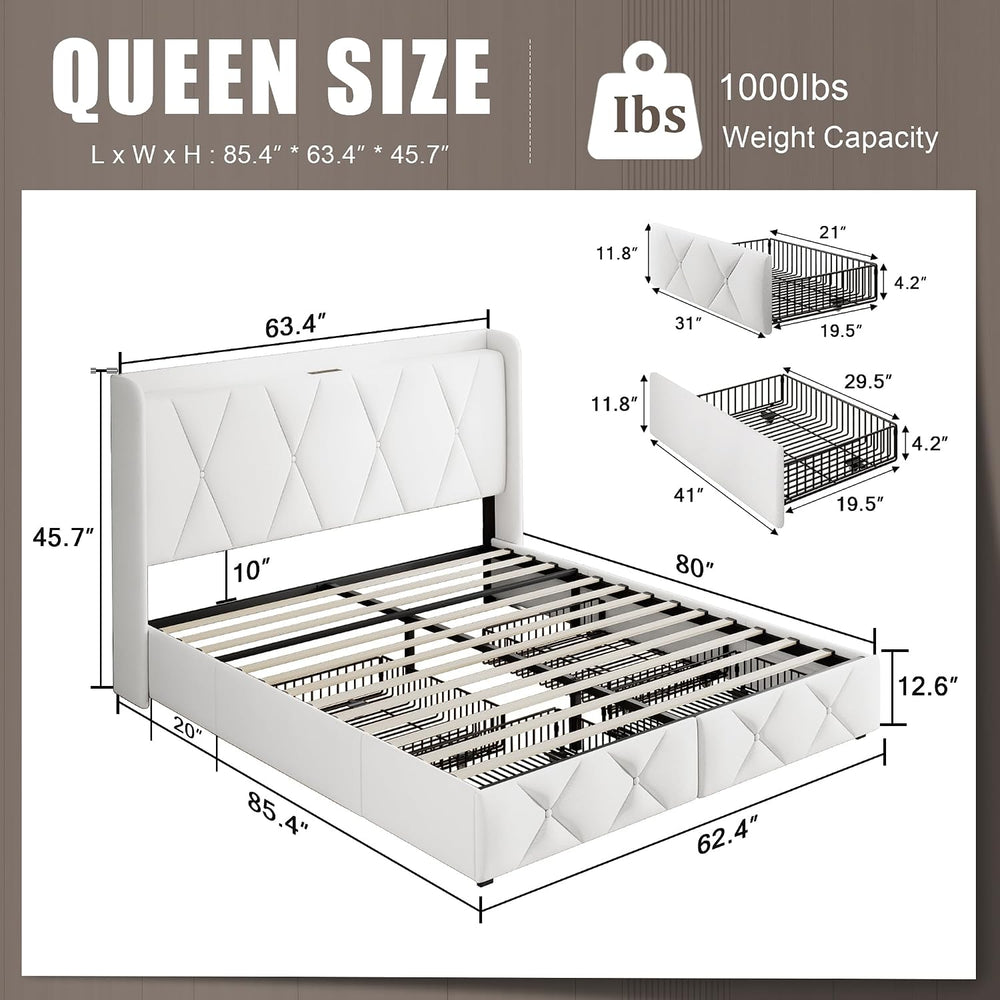 Einhomn Queen Bed Frame with 4 Storage Drawers and Charging Station, Upholste...