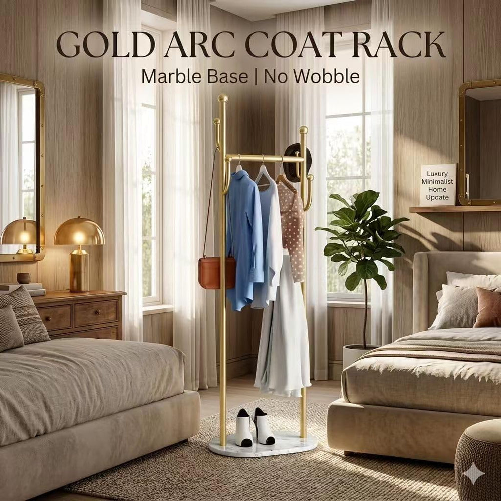 Gold Metal Clothes Rack Heavy Duty Freestanding Coat Rack with White Marble L...