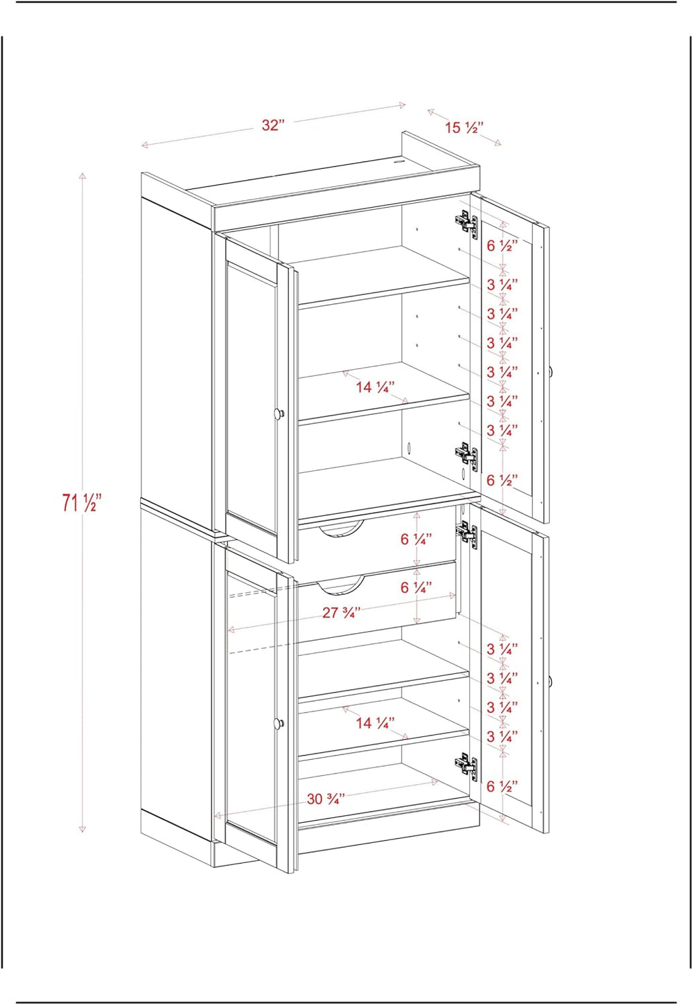 Palace Imports Solid Wood Kitchen Pantry Cabinet - 71.5" H x 32" W ...