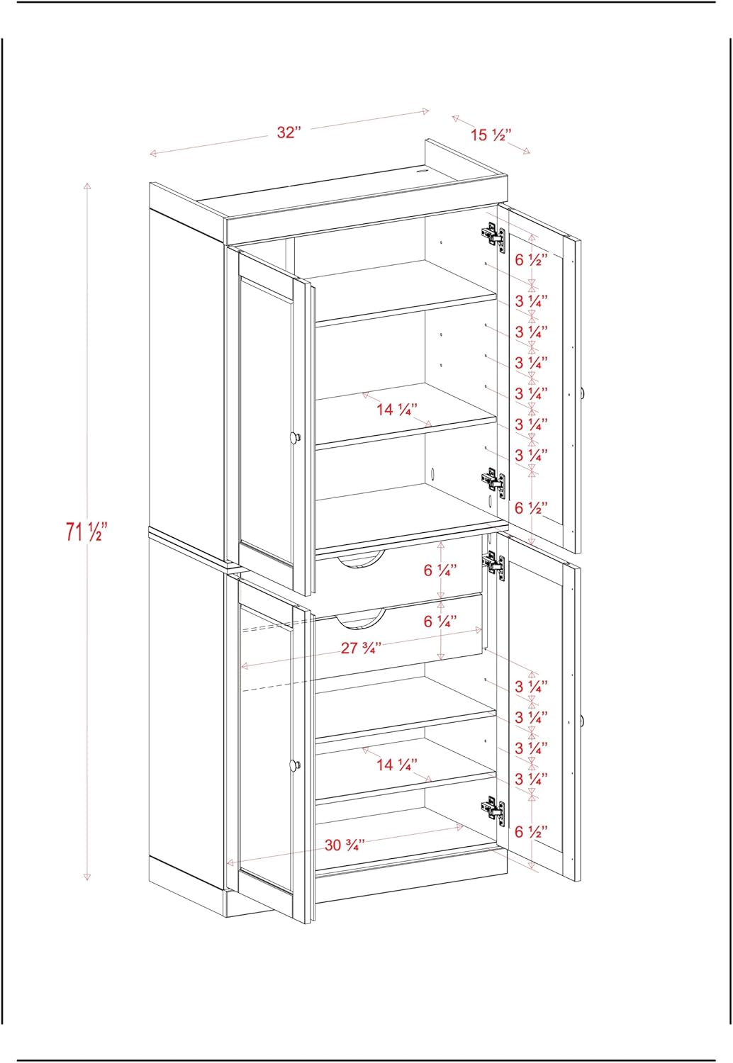 Palace Imports Solid Wood Kitchen Pantry Cabinet - 71.5" H x 32" W - Wooden Storage Cabinet w/ 4 Shaker Doors, 2 Drawers & 4 Adjustable Shelves, Gray, 100% Renewable Eco-Friendly Wood, Made in Brazil