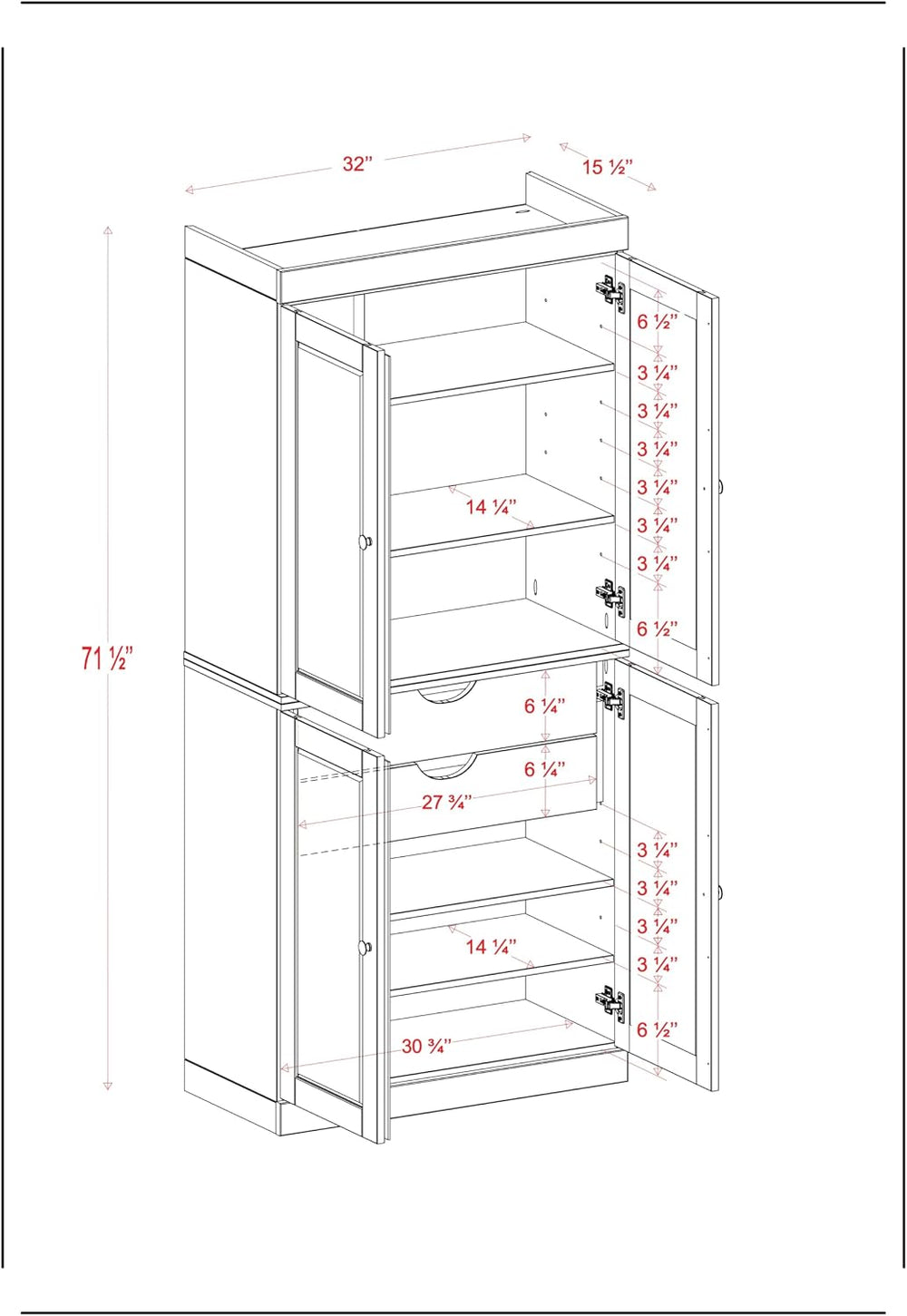 Palace Imports Solid Wood Kitchen Pantry Cabinet - 71.5" H x 32" W ...