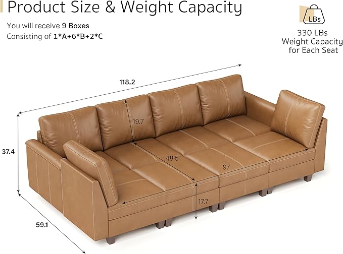 SITJOY 118" Faux Leather Modular Sectional Sofa with Storage, Mid Century Modern Sectional Couches for Living Room, Soft Padded Armrests, 8 Seat Sofa Bed, Brown