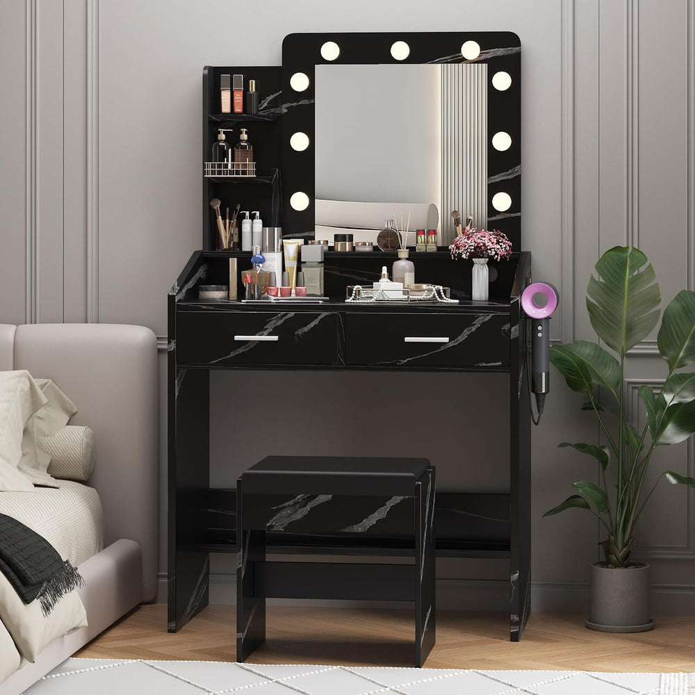Patikuin Vanity Desk with Mirror and Lights for Bedroom, Marble Black Modern ...