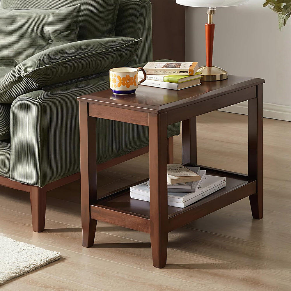 Side Table, Solid Wood Rectangular End Table with Storage Shelf, 2-Tier Coffe...