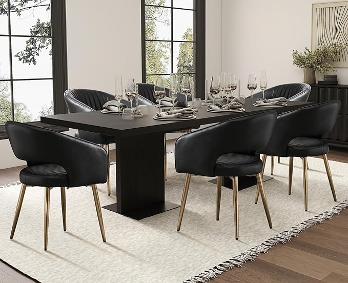 Faux Leather Dining Chairs Gold Legs, Modern Black PU Leather Dining Room Chairs with Arms Set of 6 Upholstered Accent Chair Armchair with Barrel Back for Kitchen Living Room