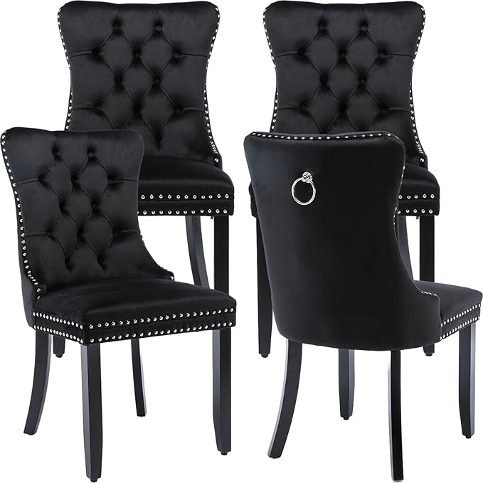 Modern Dining Chairs Set of 4, Tufted Upholstered Dining Chair with Solid Wood Legs, Black Velvet Accent Chair, Sillas de Comedor, 4 Dining Chairs (Black, Velvet, 4Pcs)