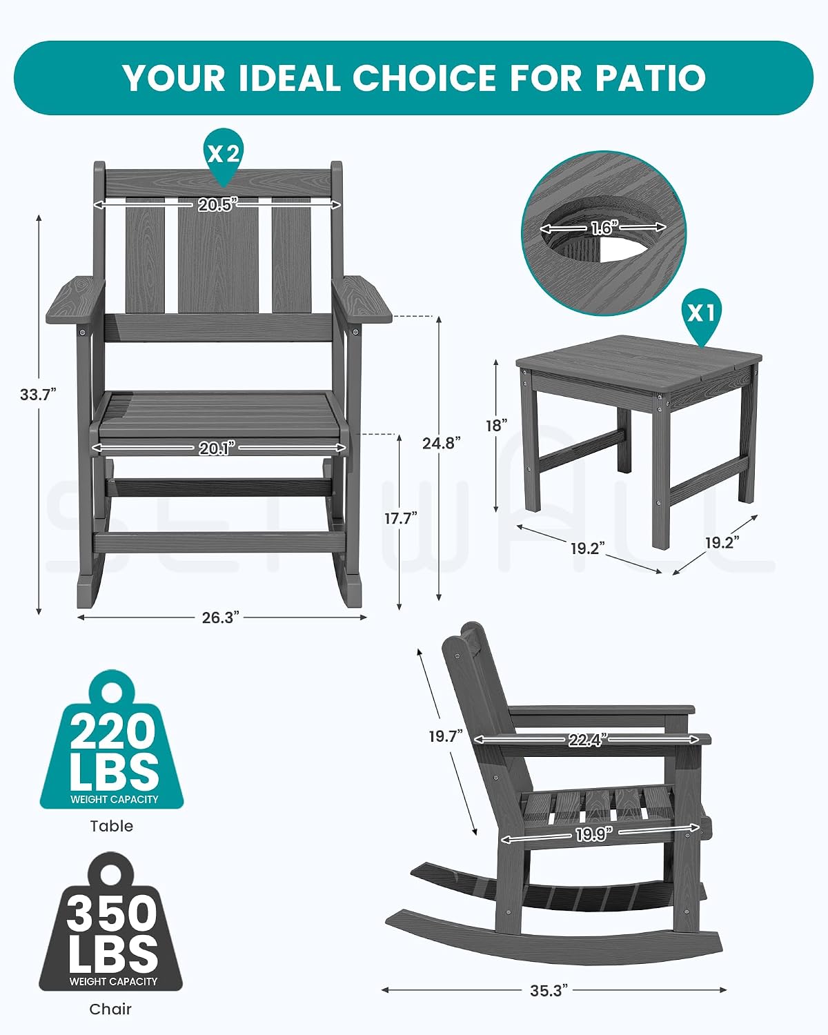 SERWALL 3-Piece Patio Furniture Set with 2 Rocking Chairs & Table, Grey | All-Weather HDPE Bistro Set: Includes rocking chairs and table with umbrella hole for cozy outdoor leisure and relaxation.
