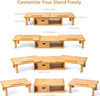 Dual Monitor Stand Riser with Drawer for Desk Laptop Desk Shelf with Adjustable Length and Angle, Bamboo Computer Stand Riser for 2 or 3 Monitors Screen Laptop PC TV -Natural