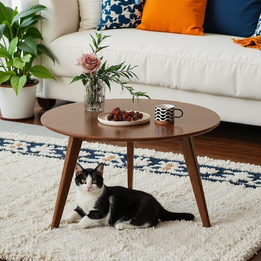 100% Solid Oak Wood Mini Coffee Table, Round Side Table w/Solid Wood Legs, Wa...