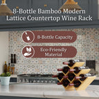 8 Bottle Bamboo Small Wine Rack for Countertop, No Tools Assembly, Modern Lattice Design, Durable, Wine and Liquor Bottle Storage for Small Spaces