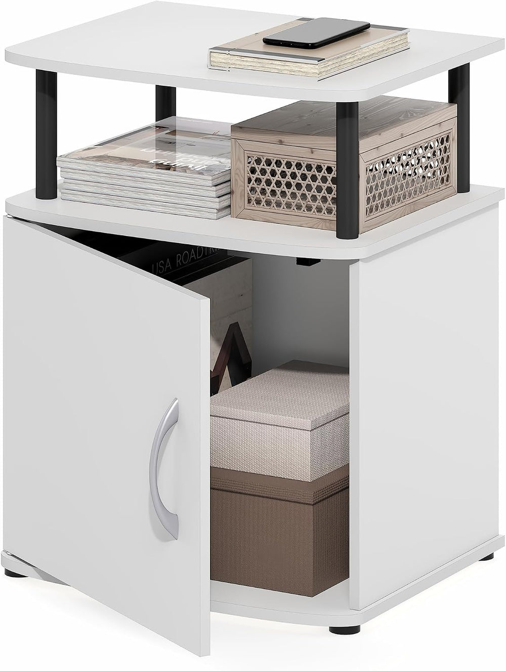2-Tier Open Shelf Modern End Table with Door Cabinet, Soft-Edges Bedside Tabl...