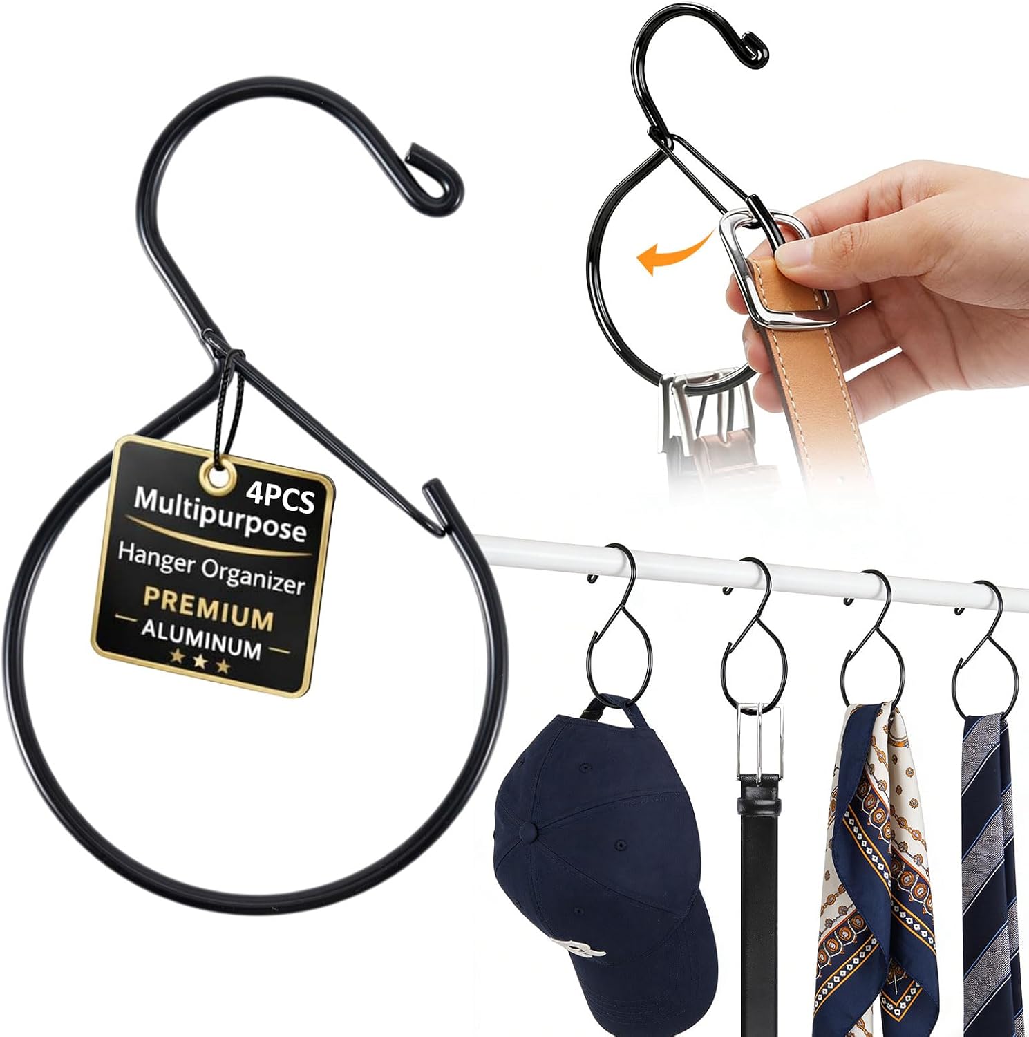 Belt Ring Hanger, 4 Pack Space-Saving Belt Organizer for Closet, Rust-Resistant Hanger forBelts, Scarves, Ties and Accessories, Multi-Purpose Closet Storage, Black (4PCS)
