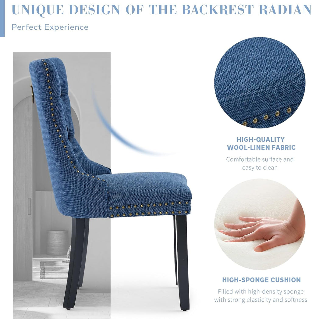 SoarFlash Linen Fabric Dining Chair Set of 2, Upholstered Tufted Dining Room Chair with Nailhead Trim and Solid Light Color Wood Leg for Kitchen (Blue)