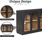 Large Arched Kitchen Sideboard, Wooden Storage Cabinet with Glass Doors with Adjustable Shelves for Kitchen, Dining Room and Bathroom (Black)