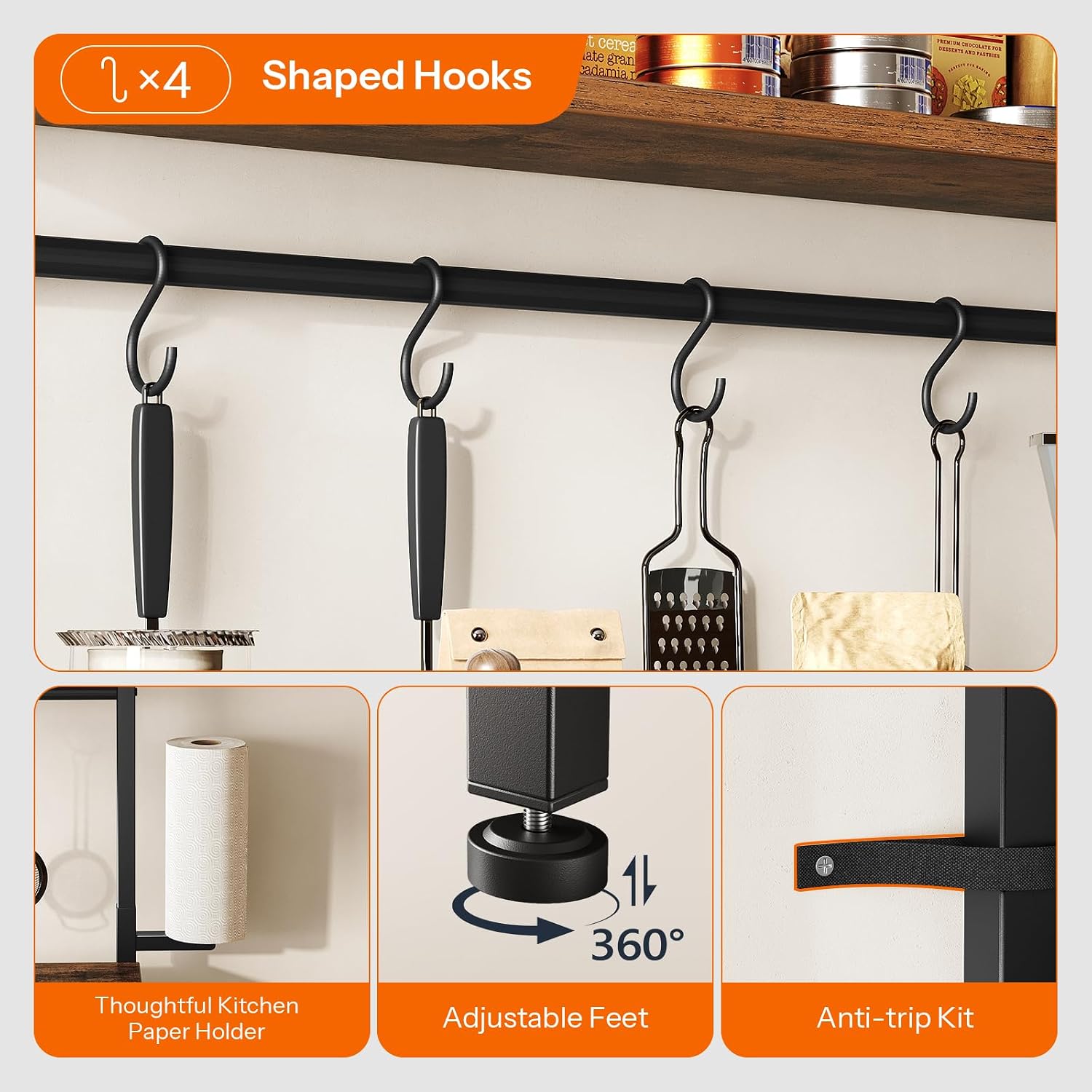 HOOBRO Bakers Rack with 4 AC Power Outlets, 5-Tier Coffee Bar with Wire Basket, Microwave Stand with Paper Holder and Drawer, Kitchen Storage Shelf, Rustic Brown and Black BF84UHB01