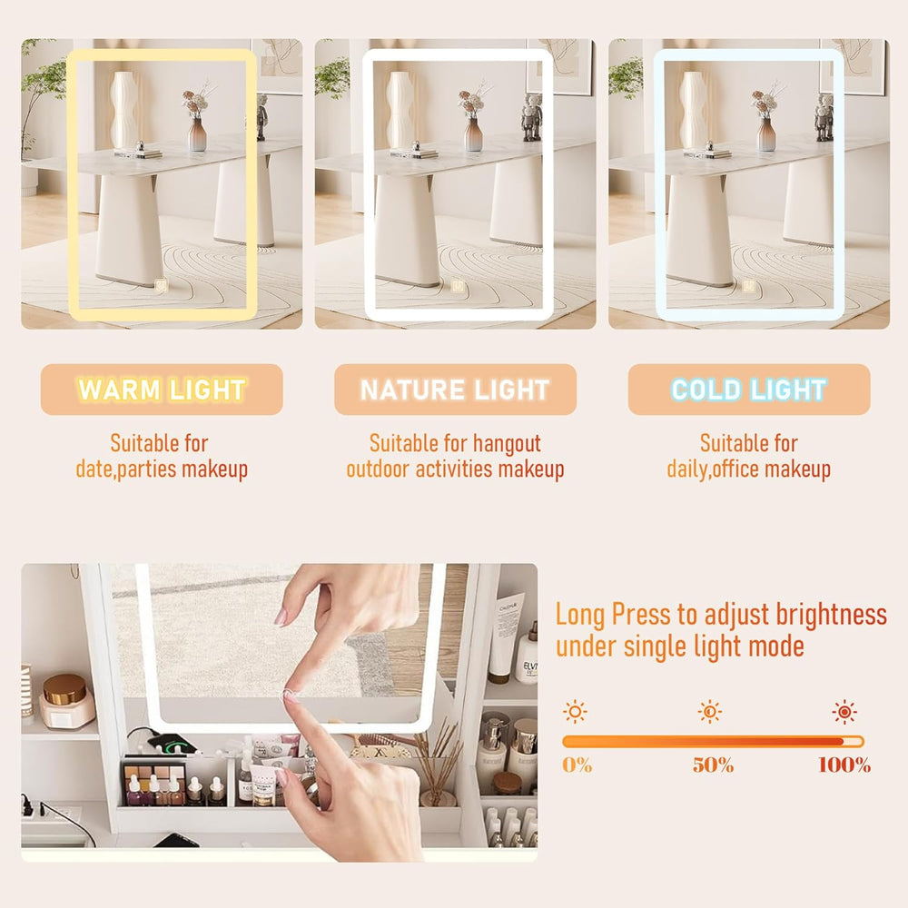 Vanity Desk with Mirror and LED Lights, Makeup Vanity Set with Power Outlet, ...