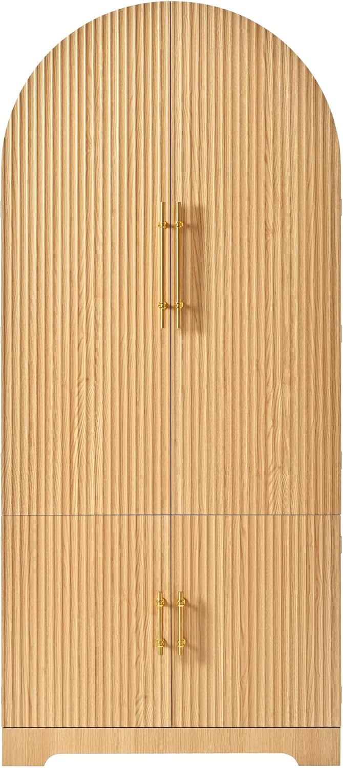 Tall Arched Kitchen Pantry Cabinet, Modern Fluted Wood Storage Cabinet with 8...