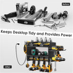 CCCEI Modular Power Tool Organizer Wall Mount Charging Station, Black 6 Drills Holder with 8 Plug Power Strip 10FT, Garage Drill Battery Heavy Duty Metal Shelf, Utility Rack with Hooks, Side Storage.