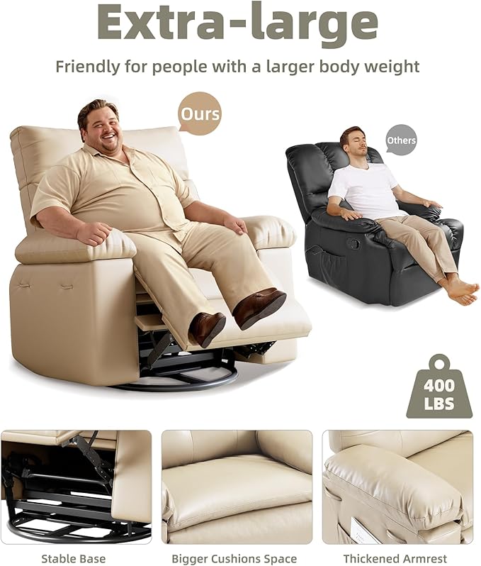 GarveeHome Oversized Rocker Swivel Recliner Chair - PU Leather Extra Wide Manual Recliner for Adults, Large Lazy Chair with 1.5X Sponge Comfort Arm and Back for Living Room, Bedroom