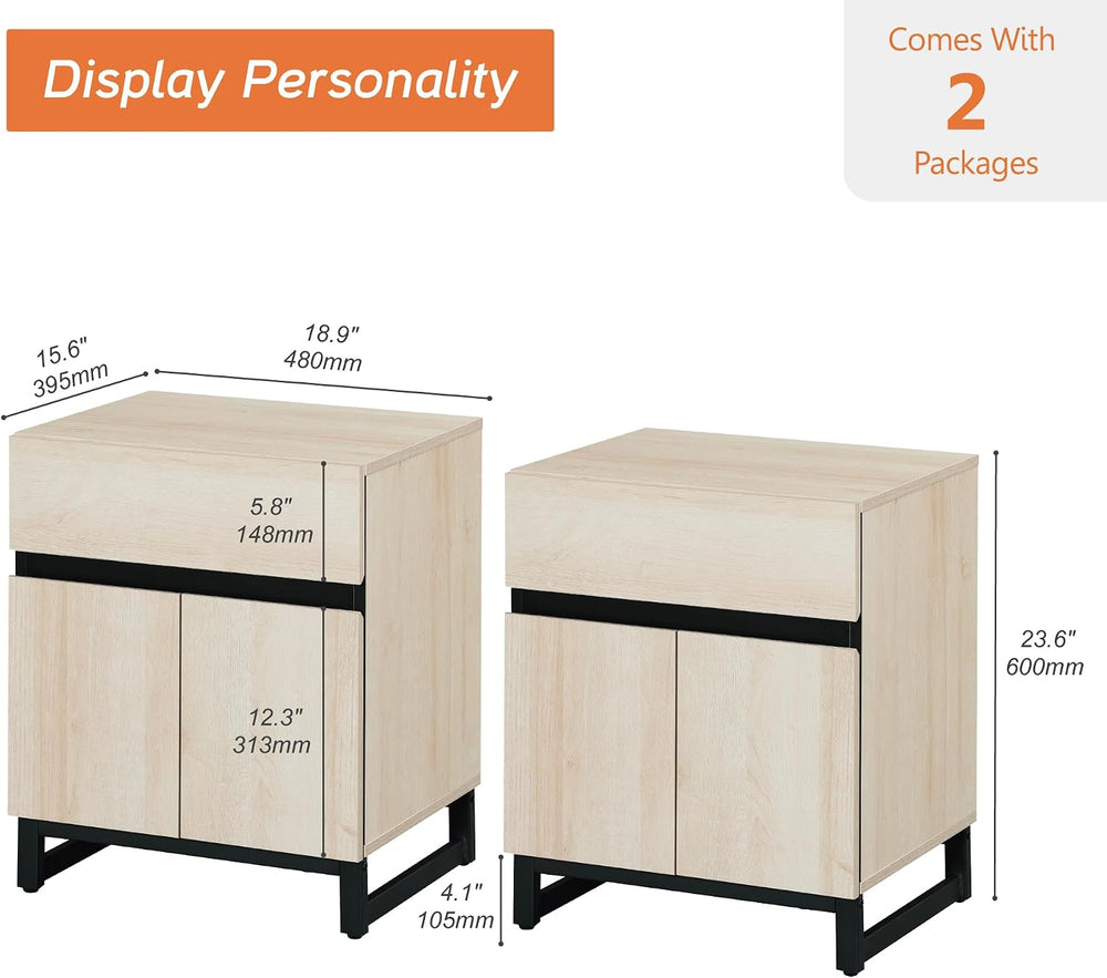 WAMPAT 2 Pack Modern End Table with 1 Drawer & 1 Storage Cabinet, Farmhou...
