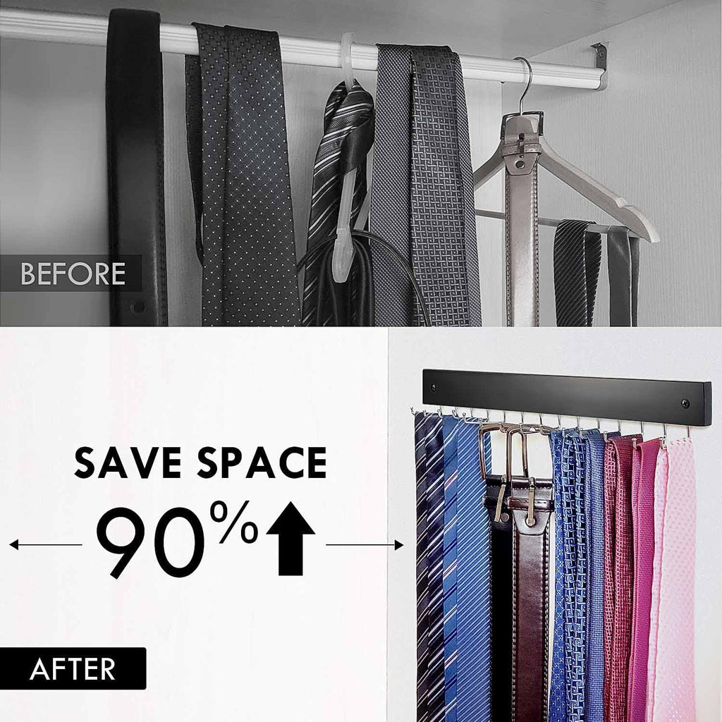 2-Pack Tie Rack Wall Mounted, Wooden Belt Hanger Tie Organizer for Closet with 28 Folding Hooks, Space Saving Tie Holder and Belt Rack for Closet Wall Mount, Black