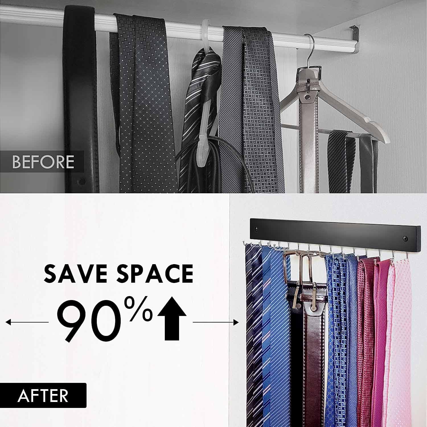 2-Pack Tie Rack Wall Mounted, Wooden Belt Hanger Tie Organizer for Closet with 28 Folding Hooks, Space Saving Tie Holder and Belt Rack for Closet Wall Mount, Black