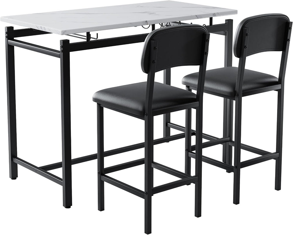 47" 3 Piece Bar Table Set with 2 Padded Chairs for Small Spaces Black | ...