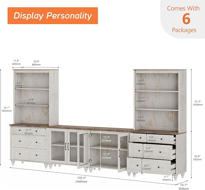 WAMPAT Entertainment Center with Bookshelves with Glass Doors & Drawer, Farmhouse Wall Unit TV Stand for TVs up to 75", Media Console Table for Living Room, Bedroom & Home Theater, Rustic White