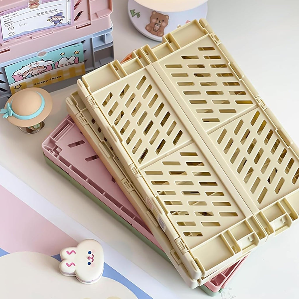 Small Pastel Plastic Storage Bins 2Pcs Foldable Pastel Crates Plastic Basket Colorful Storage Containers Baskets for Classroom Kitchen Office Bedroom Desktop Home Decor (Blue 9.8" x 6.5" x 3.8")