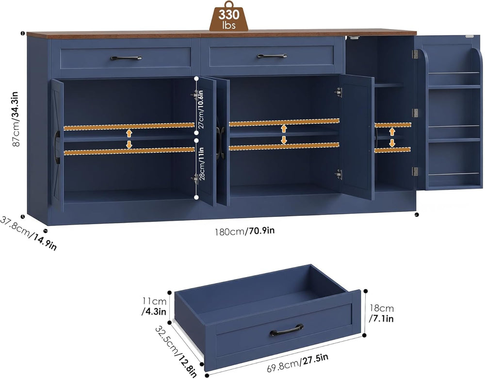 BOTLOG 71” Large Sideboard Buffet Cabinet with Storage, Farmhouse Buffet Cabi...